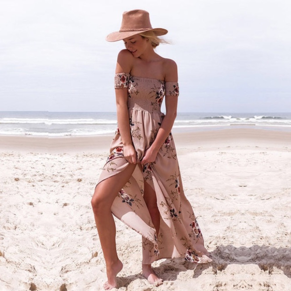 Beautiful floral off the shoulder high-low dress.